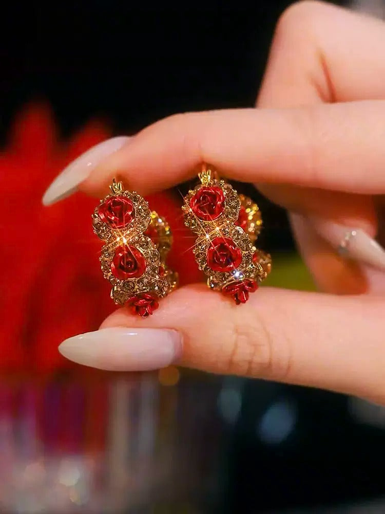 Diamond-studded red rose earring