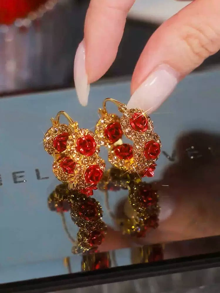 Diamond-studded red rose earring