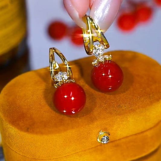 RED BEADS QUEEN EARRINGS(GOLD PLATED)